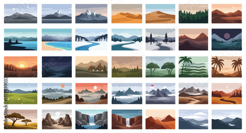 Collection of scenic landscape vector illustrations showing mountains desert forest sea river and sunset in colorful nature views Concept of travel nature serenity and exploration