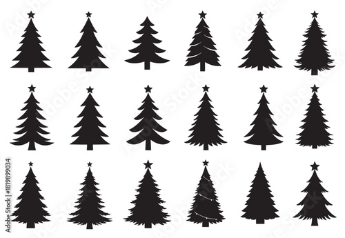 Vector silhouette set of christmas tree shapes with star toppers arranged in rows concept of holiday celebration winter decoration and festive design