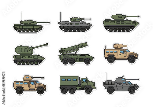 Collection of Military Vehicles Armored Tanks and Trucks in Pixel Art