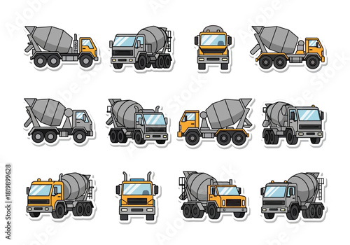 Set of Concrete Mixer Trucks Construction Vehicle Icons