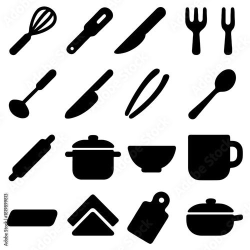 Kitchen Utensil Essentials: A sleek compilation of essential kitchen utensils and tools, offering a minimalist aesthetic for culinary and design projects.