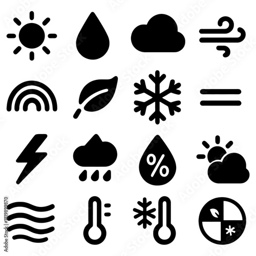 Weather Icon Set: A comprehensive collection of iconic symbols representing various meteorological conditions, illustrating diverse elements for climate and forecasts.