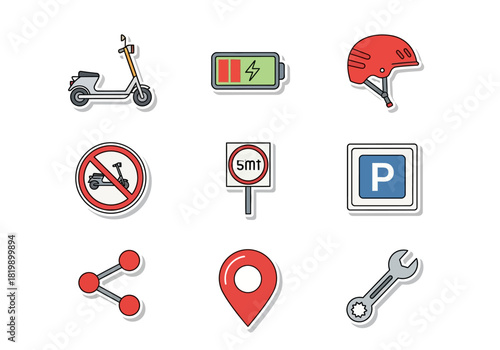 Eco-Friendly Urban Mobility Icons Scooter, Parking, and Shared Transport Options
