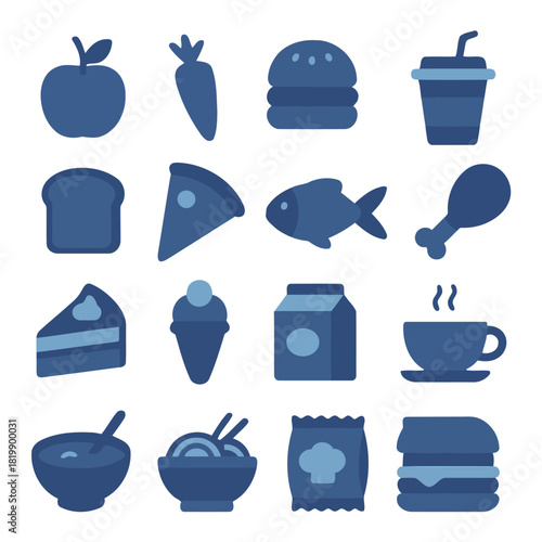 Food Icon Array: a collection of delectable culinary icons, perfect for culinary endeavors, food presentations, or lifestyle themes. Explore a visual feast with various ingredients and meal symbols.