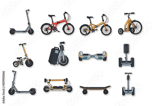Collection of eco-friendly transport options scooters, bikes, hoverboards