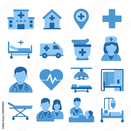 Medical Icons: A collection of blue medical icons representing various aspects of healthcare, including hospital, doctor, nurse, and medical equipment.