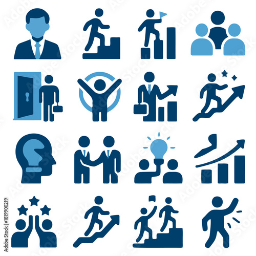 Business Icon Collection: A set of business icons in blue, symbolizing progress, teamwork, success and innovation.