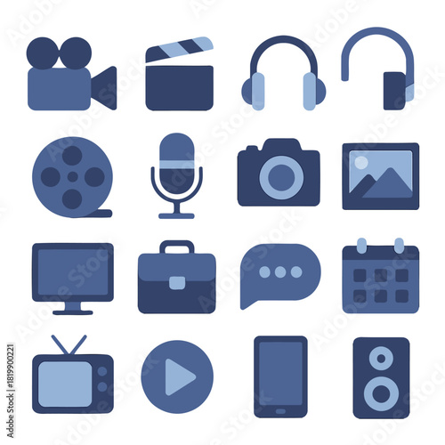 Digital Media Icon Set: A collection of various icons representing the digital media industry. These icons are in flat design in a minimalist style.