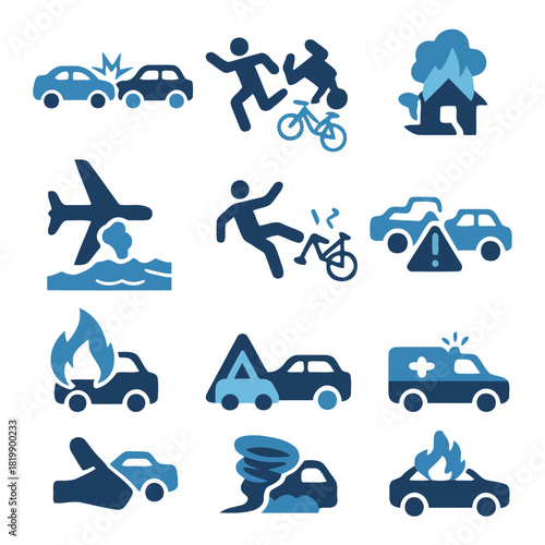 Protection Symbols: A collection of symbolic visual representations of different types of losses, symbolizing the concept of insurance coverage for unforeseen events. 