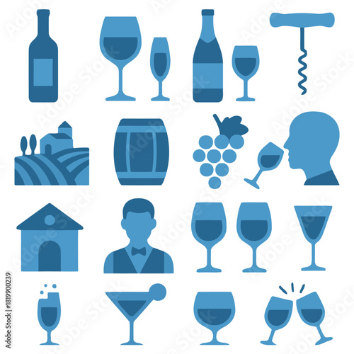 Wine Iconography: A curated assortment of wine-related elements in a cohesive style, perfect for illustrating wine, vineyards and drinking.
