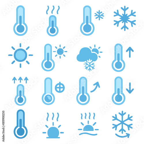 Weather Elements: An array of simple, vibrant icons depicting various weather conditions, from sunny skies to freezing temperatures, presented in a clean, easily understandable style.
