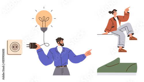 Lit bulb connected to socket by plug. Man in blue shirt pointing, woman on ledge gesturing. Ideal for creativity, teamwork, ideas, energy, problem-solving power connection human interaction. Simple