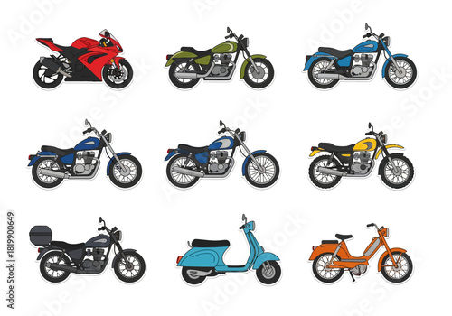 Variety of Motorcycle Styles Vintage, Sportbike, and Scooter Illustrations