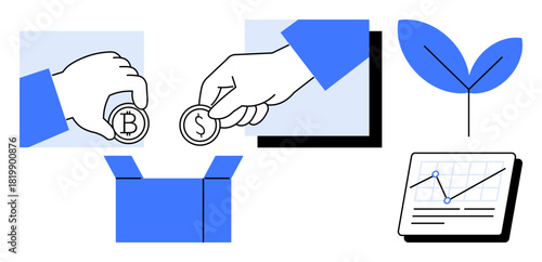 Hands holding currency coins contributing to a box, growth leaf sprouting, graph chart with upward trend line. Ideal for investment, savings, crowdfunding, growth, finance, teamwork sustainability