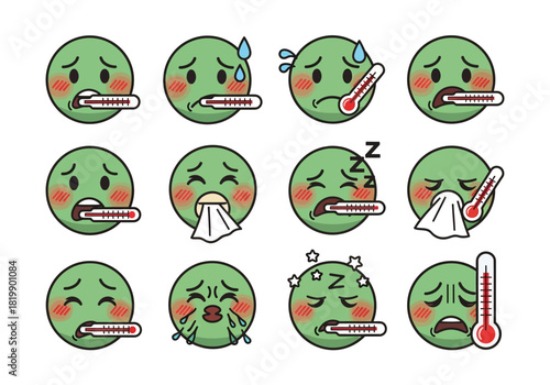 Sick Emoticons A Collection of Green Faces Feeling Unwell with Fever and Symptoms