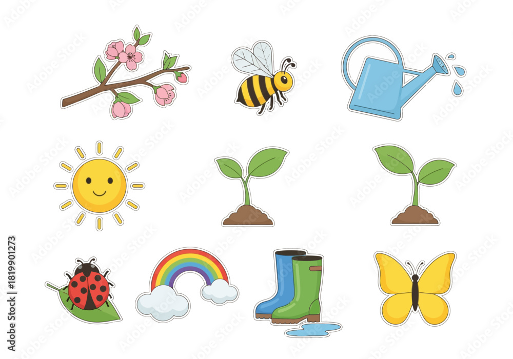 Fototapeta premium Springtime Vector Icons Cute Garden Elements and Weather