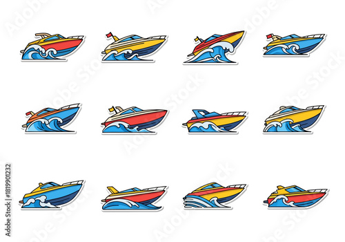 Collection of colorful motorboats sailing on waves, icons