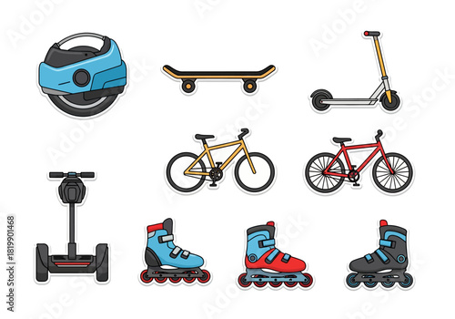 Transportation & Active Lifestyle Vector Icons of Skateboarding, Cycling, and Rolling