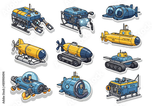 Underwater Exploration Vehicles Cartoon Submarines and ROVs Vector Set