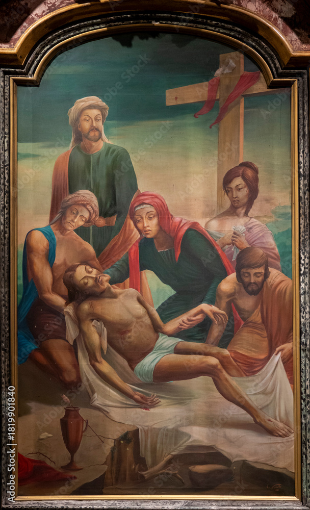 Φωτογραφία Painting (19th century) of Jesus Christ crucified on the cross represented with Mary, Mary Magdalene and Saint John