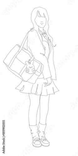 スクール鞄にぬいぐるみのチャームをつけた女子中高生の制服立ち姿ラインアート シンプル線画スケッチベクターイラスト　背景透過