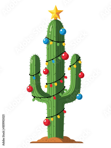 Cactus decorated as Tropical Christmas tree with lights and star on sandy ground, , transparent background, isolated, vector