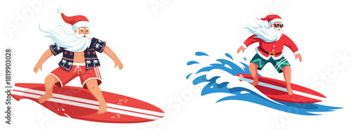 Santa on surfboard riding waves in summer beach attire, transparent background, isolated, vector, set  