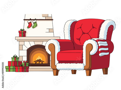 Santa chair by fireplace in festive red and green colors, , transparent background, isolated, vector 