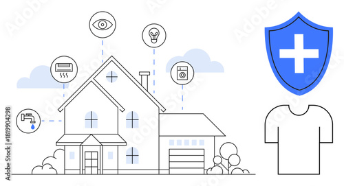 Modern smart home with interconnected devices including security camera, lightbulb, thermostat, washer, and faucet. Ideal for technology, automation, safety, security innovation energy management