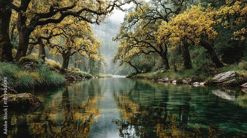 Fototapeta premium River flows through a forest with trees reflecting in the water.