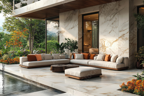 Fototapeta Naklejka Na Ścianę i Meble -  Sunrise Blue Tones Across the Marble Garden Walls