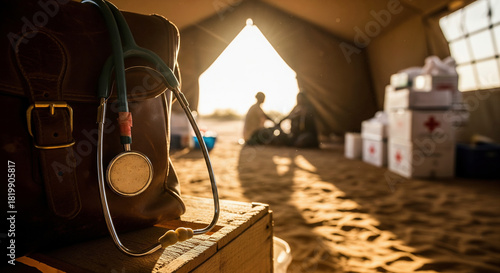 Stethoscope and doctor's bag in a medical tent at sunset, symbolizing humanitarian aid, global health, and emergency medical services.