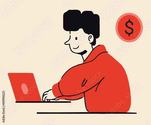 Flat design vector illustration of a man working remotely on a laptop, symbolizing online earnings, freelance projects, and modern business