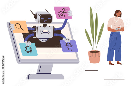 Robot displays screens with web, gear, bulb, and magnifying glass icons from monitor beside intrigued observer and tall plant. Ideal for AI, innovation, automation, research, communication
