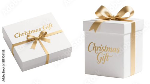Minimal white Christmas gift box with thin golden ribbon in elegant clean vector style, featuring modern premium detailing ideal for refined holiday creative designs.  gift box illustration