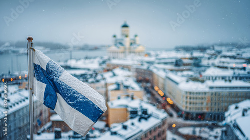 Tablou pe pânză Snow-covered Helsinki skyline with Finnish flag waving during Independence Day c