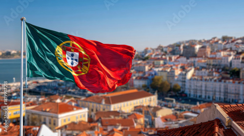 Portuguese flag waves proudly over Lisbon cityscape during Independence Day celebration