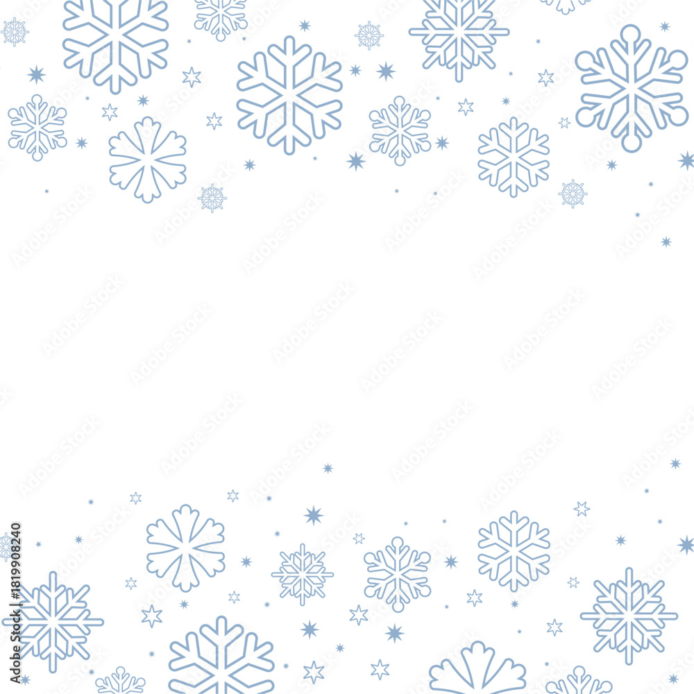 Fototapeta premium Square winter background featuring a border created by various sizes of soft light blue snowflakes and tiny stars on a crisp white background. Ample copy space in the center, perfect for Christmas, ho