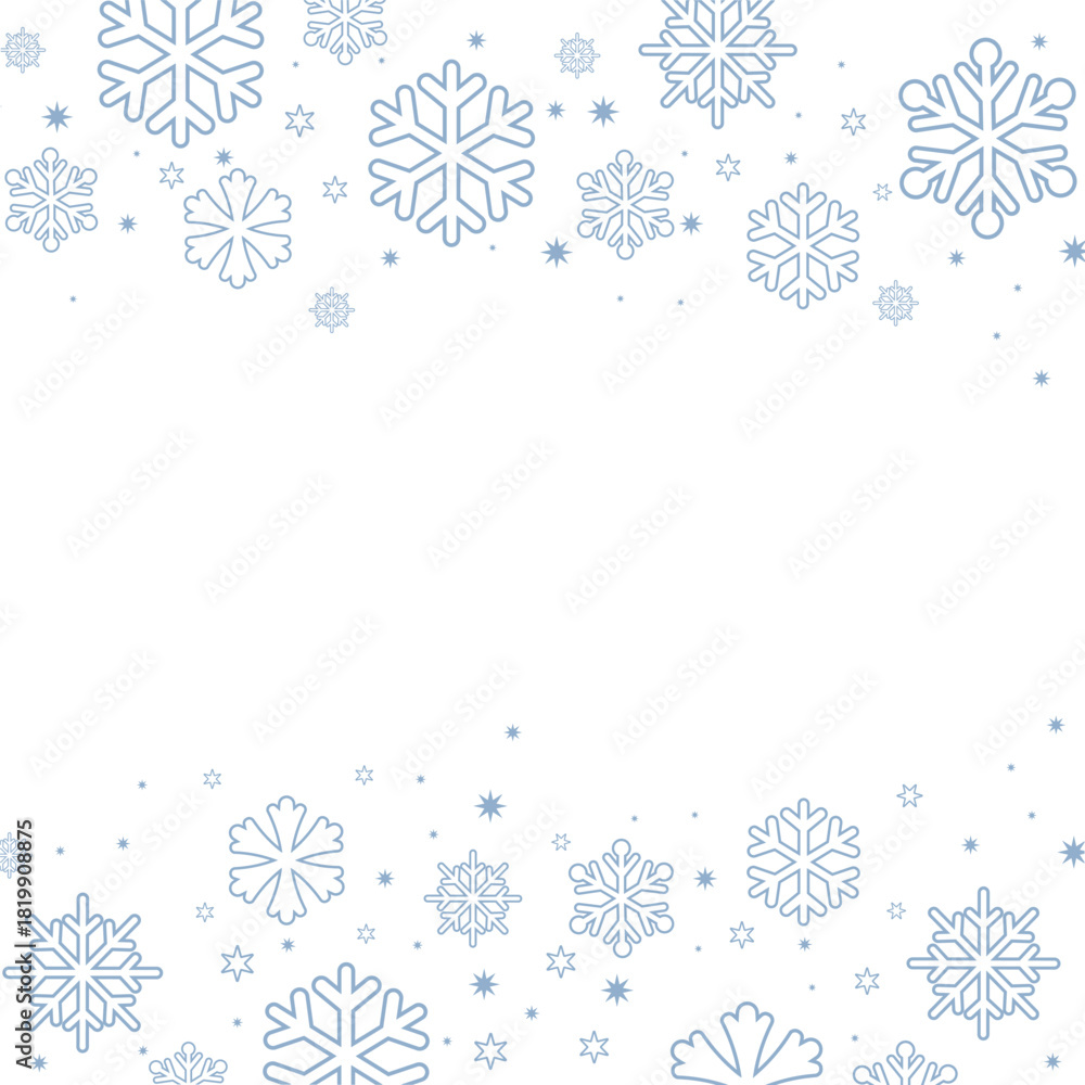 Fototapeta premium Square winter background featuring a border created by various sizes of soft light blue snowflakes and tiny stars on a crisp white background. Ample copy space in the center, perfect for Christmas, ho