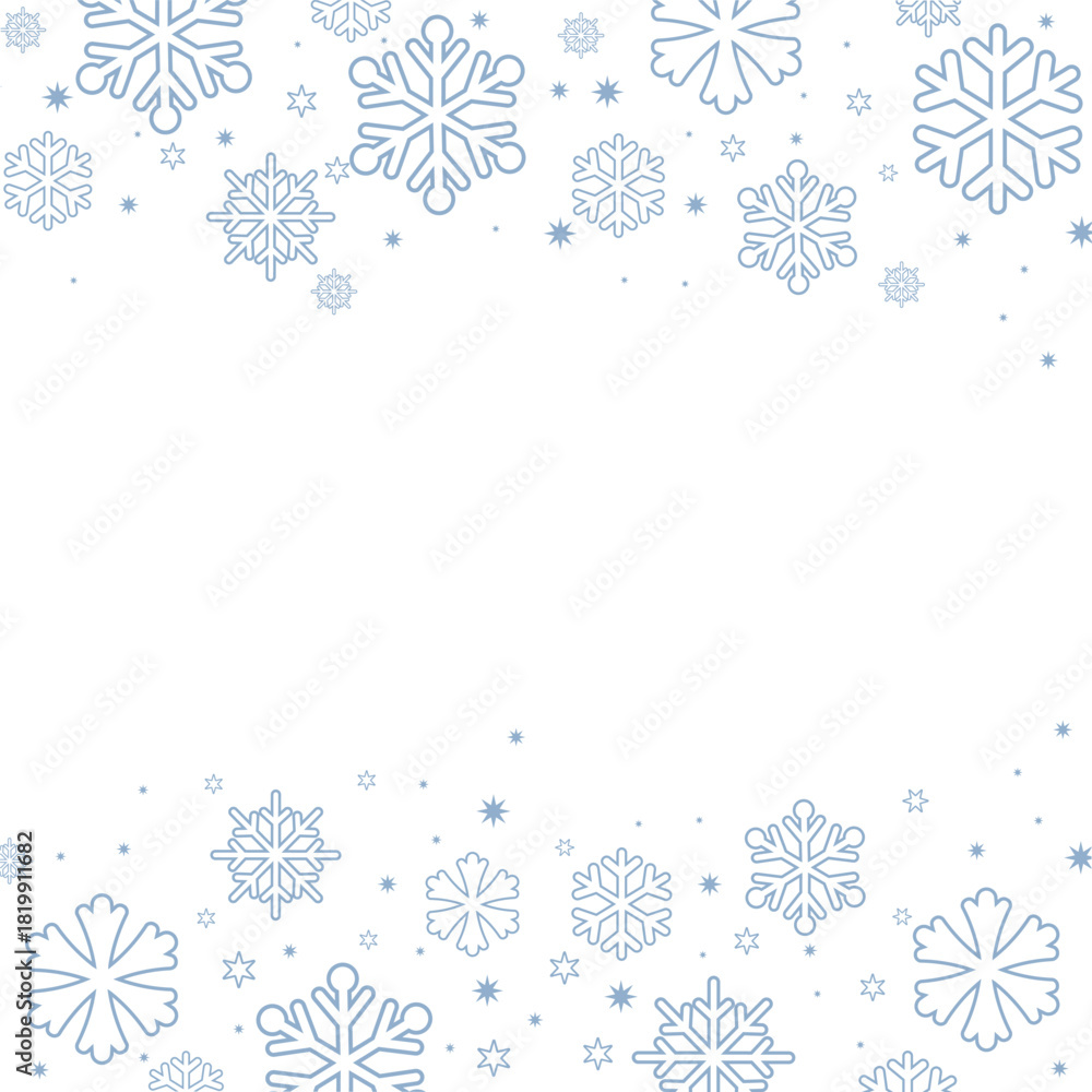 Fototapeta premium Square winter background featuring a border created by various sizes of soft light blue snowflakes and tiny stars on a crisp white background. Ample copy space in the center, perfect for Christmas, ho