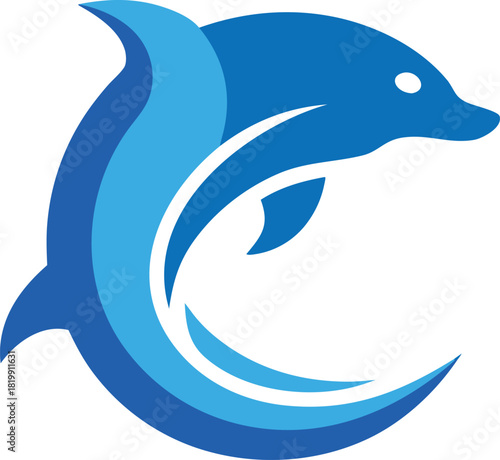Stylized blue dolphin jumping through a wave, logo design