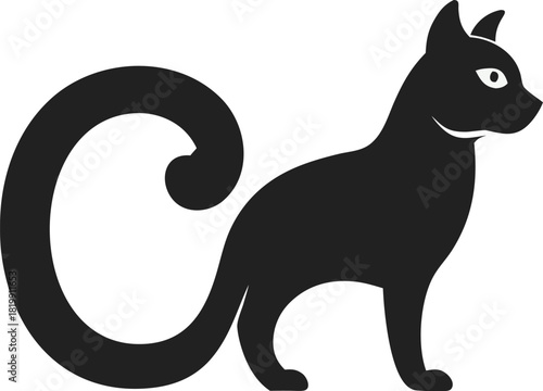 Stylized black cat silhouette with a curly tail illustration