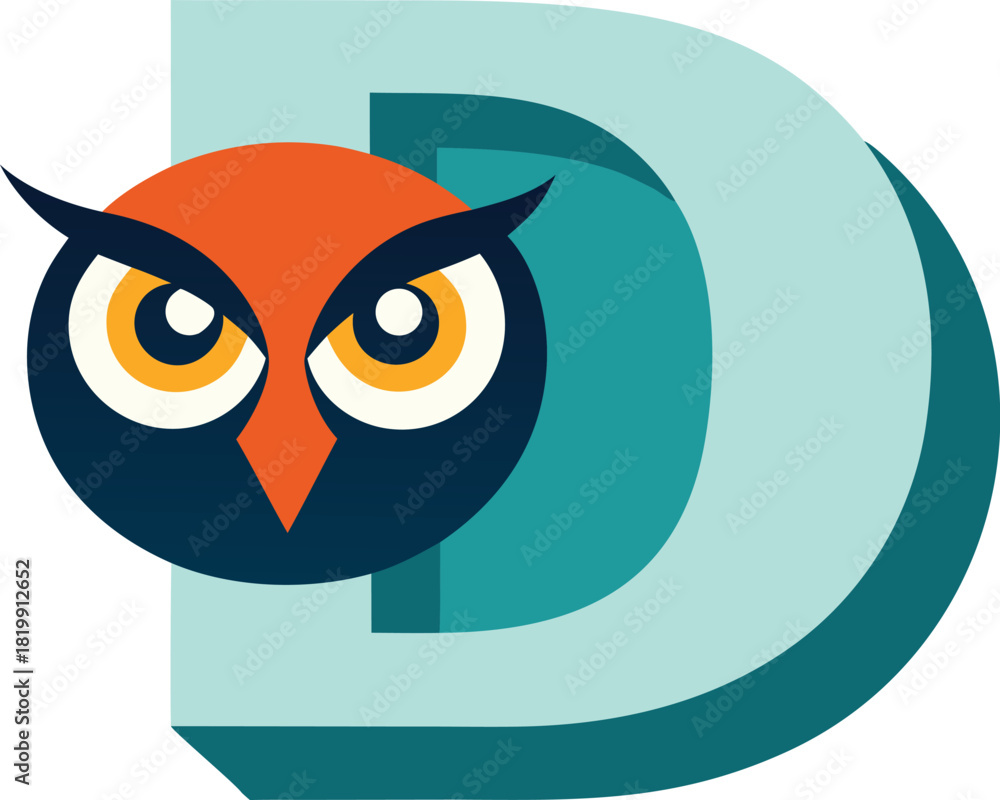 Fototapeta premium Stylized owl logo design with large letter d on teal background