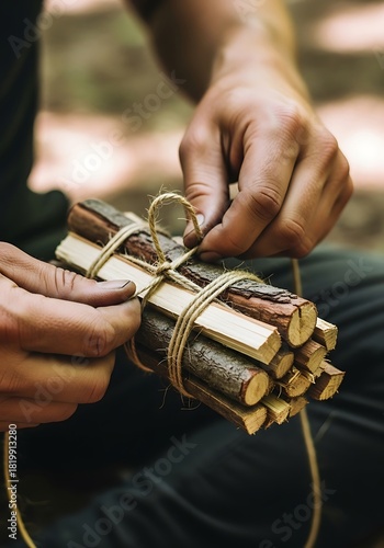 Preparing kindling for a warm campfire, rustic bundled firewood concept