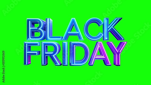 Black Friday sale promo lettering animation. 3D chrome text with blue and purple neon glow. ProRes 4444 video with transparent background and alpha channel for commercial and marketing use.