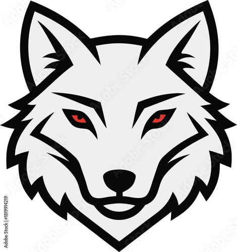 Stylized wolf head logo with piercing red eyes on a vibrant red background