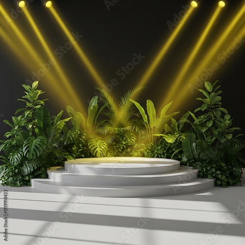Tropical themed pedestal with spotlights and layered platform display