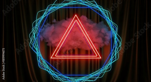 Vibrant triangle and polygon neon artwork against draped backdrop