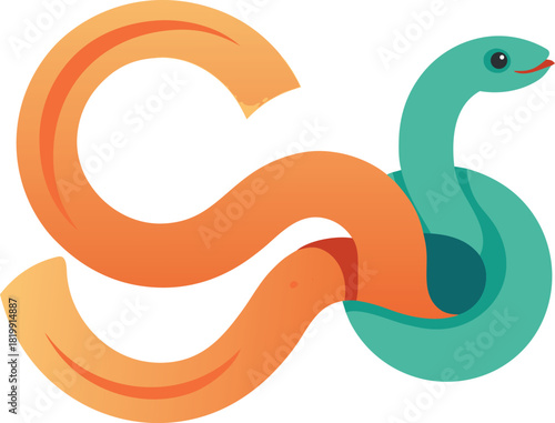 Stylized snake integrated with abstract orange shape on teal background