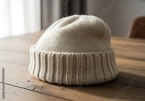 Warm knit beanie, minimalist winter hat for cold weather on wooden table